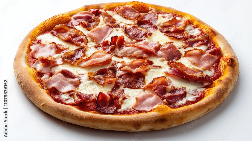 Tasty pizza topped with bacon ham mozzarella cheese and tomato sauce displayed on a white background Tasty pizza topped with bacon ham mozzarella cheese and tomato sauce displayed on a white background