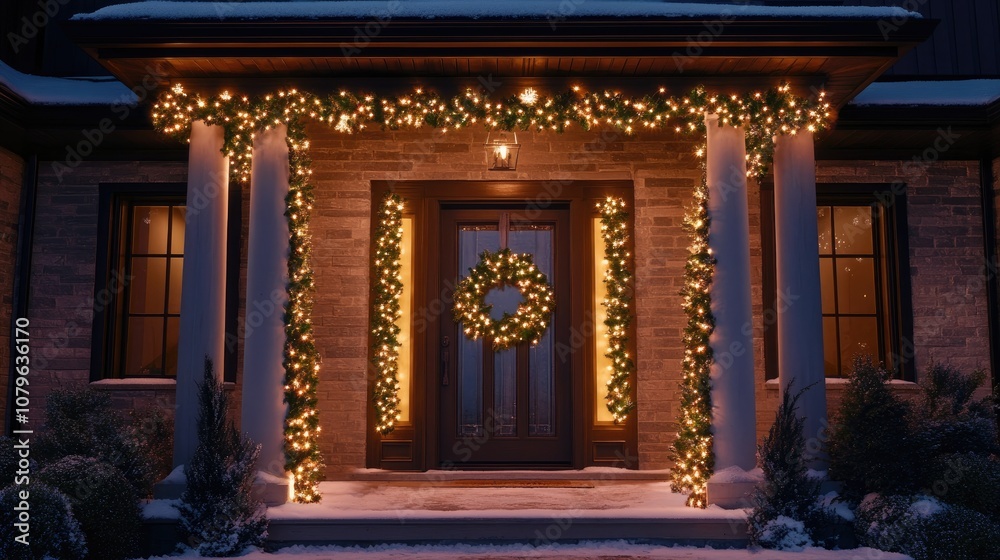 Fototapeta premium Front entrance adorned with a Christmas garland creating a festive atmosphere