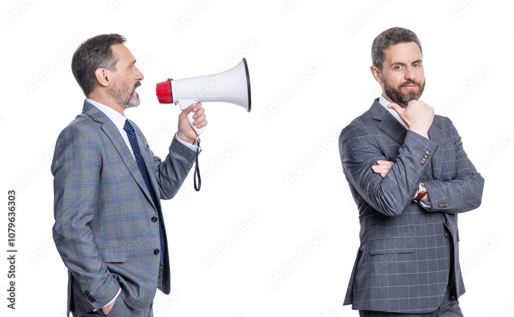 business idea promotion. businessman in suit with megaphone isolated on white. business man promoter solving promotional conflict. businessman promoting idea for business. promotion concept business idea promotion. businessman in suit with megaphone isolated on white. business man promoter solving promotional conflict. businessman promoting idea for business. promotion concept