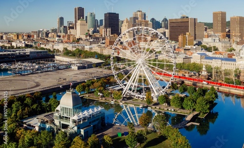 Foto Ferris Wheel, Vieux-Port de Montréal and downtown city skyline, Montreal, Quebec, Canada