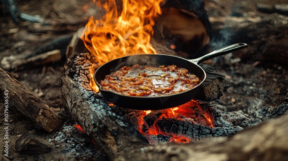 Sizzling Food Cooking on a Cast Iron Pan by a Campfire in a Rustic Outdoor Setting Sizzling Food Cooking on a Cast Iron Pan by a Campfire in a Rustic Outdoor Setting