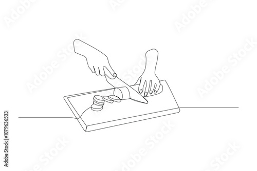 Continuous single-line art drawing of hands cutting cucumber with a knife. Cutting vegetables concept outline vector. 
