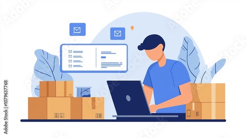 Small Business Owner Packing and Preparing Products for Online Sales and Shipping with Laptop Showing E commerce Dashboard