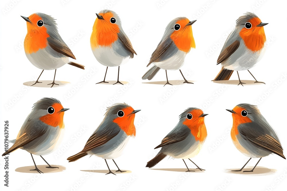A robin's collection of standing, flying, and portrait birds. Generative Ai