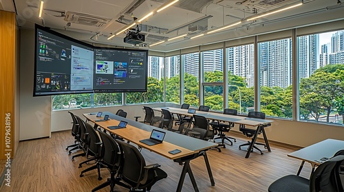 Spacious and bright classroom interior designed for hybrid learning environment with virtual whiteboard digital displays and collaborative workspace furniture