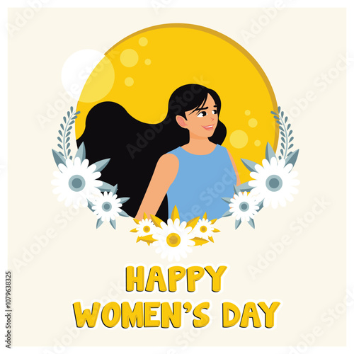 Photo of woman in a circle frame. Honoring the contributions of women in history. Women's History Month 2025 concept. Flat vector illustration.