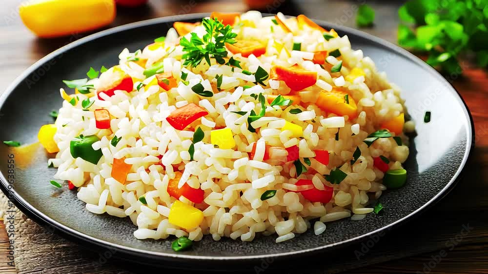 White rice with stir-fried vegetables, a healthy and delicious Asian-inspired dish White rice with stir-fried vegetables, a healthy and delicious Asian-inspired dish