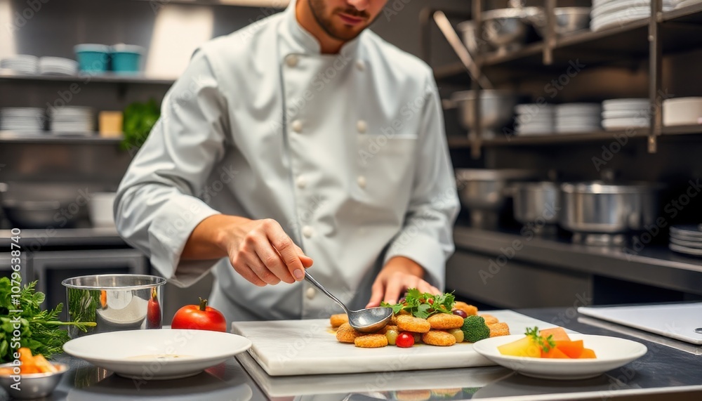 A chef preparing a gourmet dish in a professional kitchen, with ingredients and cooking tools in view A chef preparing a gourmet dish in a professional kitchen, with ingredients and cooking tools in view