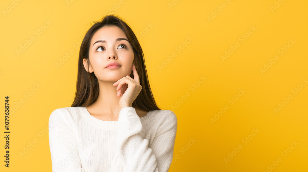 Thoughtful Moment: A young woman with long dark hair ponders contemplatively against a vibrant yellow background, her expression a mix of curiosity and introspection. Thoughtful Moment: A young woman with long dark hair ponders contemplatively against a vibrant yellow background, her expression a mix of curiosity and introspection.