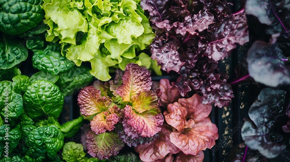 Vertical hydroponic farm with an assortment of different types of leafy greens and herbs growing in a modern sustainable and efficient indoor cultivation system Vertical hydroponic farm with an assortment of different types of leafy greens and herbs growing in a modern sustainable and efficient indoor cultivation system