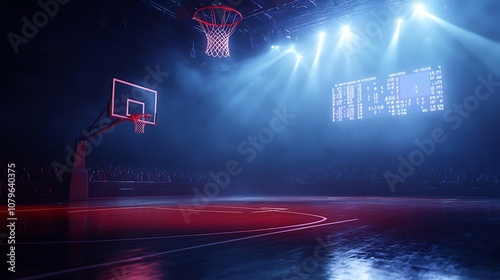 basketball court in sport arena with lights and smoke photo