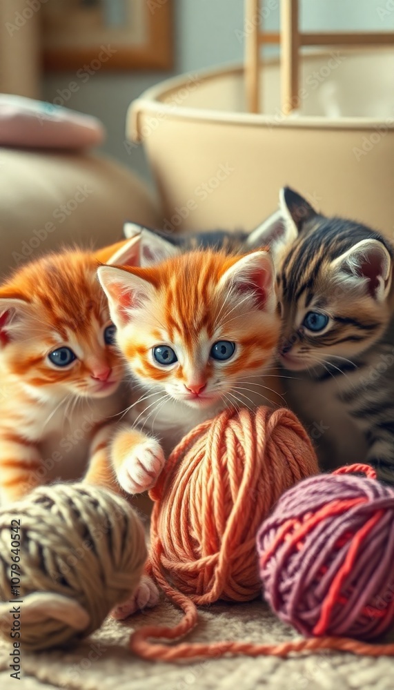 Fototapeta premium A group of adorable kittens playing with yarn balls in a cozy indoor setting.