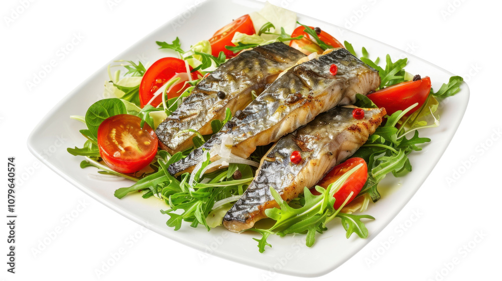 Salted mackerel salad in a white square plate on white transparent background
Salted mackerel salad in a white square plate on white transparent background