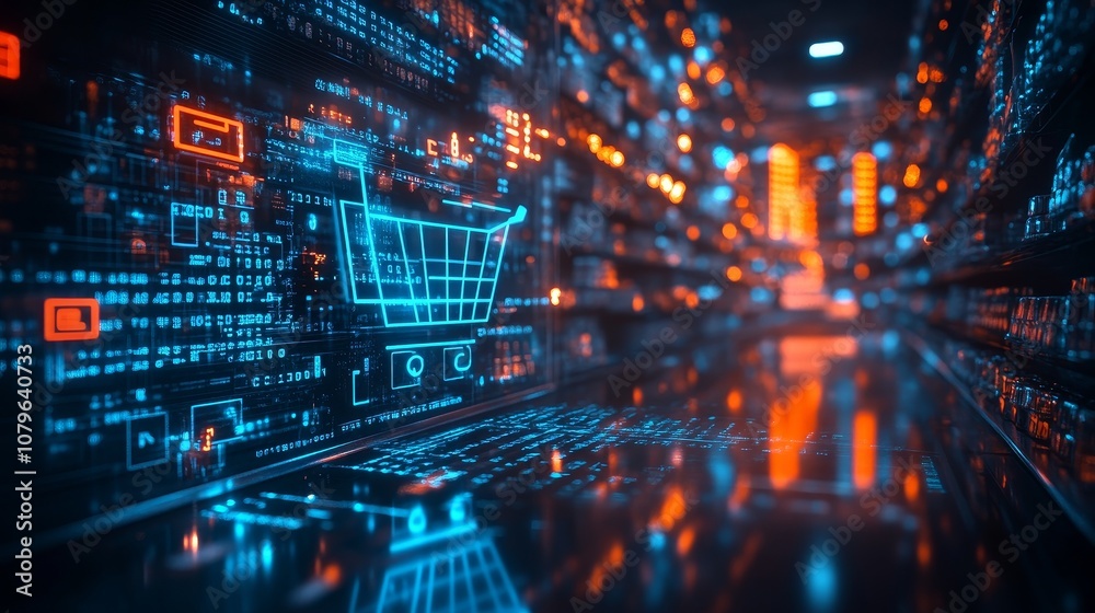 Obraz premium Digital hologram of a shopping cart on a digital background with stock market data, global network, and cyber connections. Represents online e-commerce, digital marketing, and business technology.