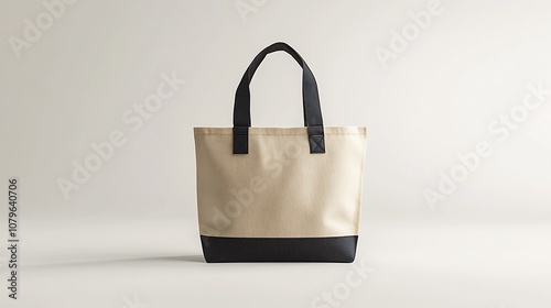 Beige canvas tote bag with black handles and bottom, isolated on a white background.