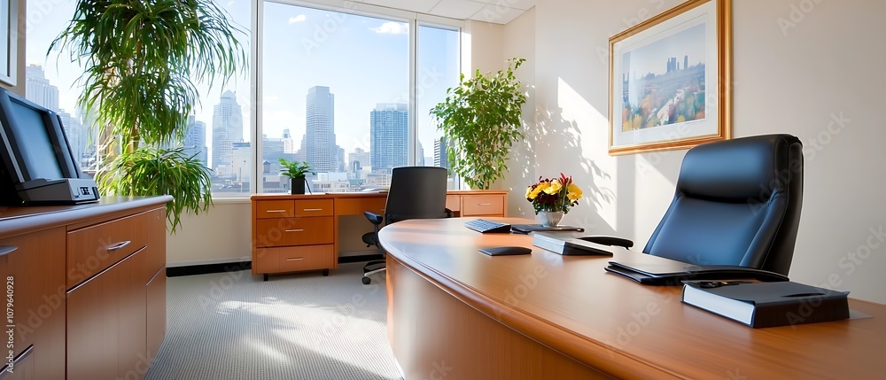 Fototapeta premium Elegant and sophisticated modern office interior featuring a large desk comfortable chairs and a panoramic city view through the expansive windows The space is designed for productivity efficiency