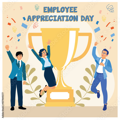 A happy employee with a golden trophy. Recognition and appreciation for the best employees. Employee Appreciation Day concept. Flat vector illustration.