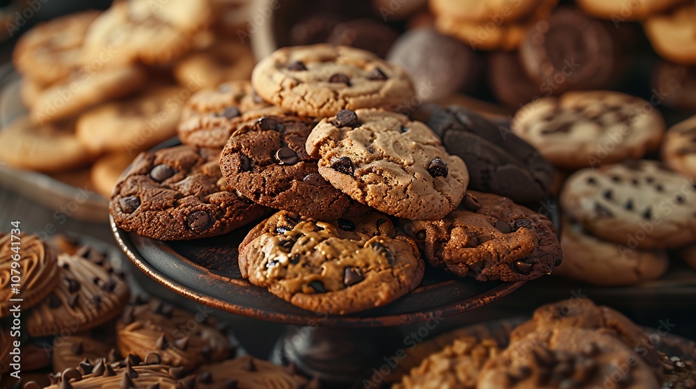 A plate contains freshly baked chocolate chip cookies A plate contains freshly baked chocolate chip cookies