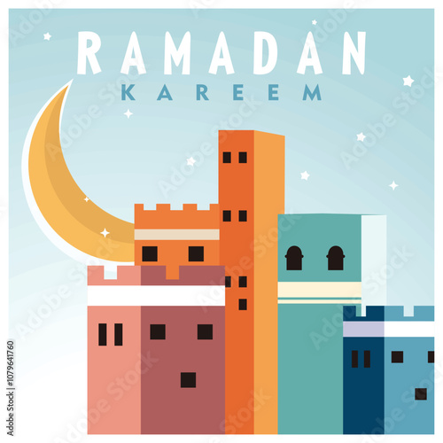 Arabic ancient city pattern in pastel colors. Beautiful crescent moon background. Ramadan concept. Flat vector illustration.