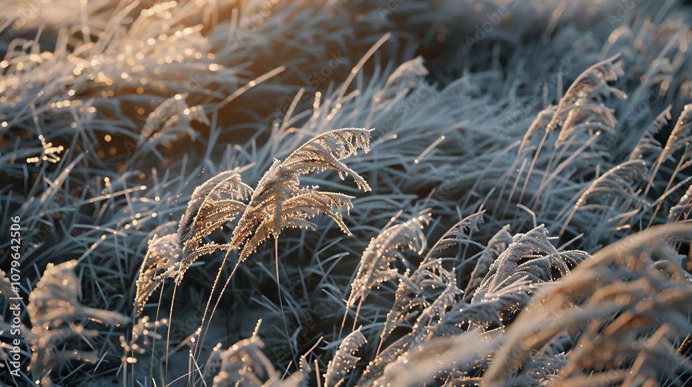 Frozen grass in the rays of the setting sun on a winter morning. Frozen grass in the rays of the setting sun on a winter morning.