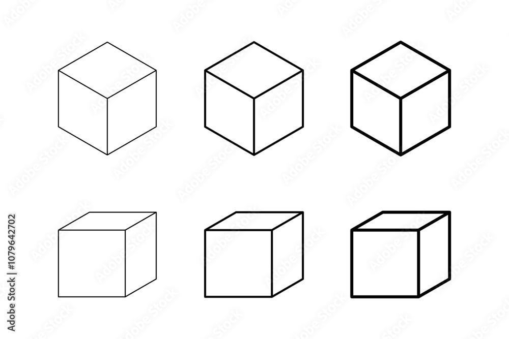 Icon Set of Parallel Projection and Isometric Wireframe Cubes with Various Lineweights from Thin to Thick Lines. Vector Image.