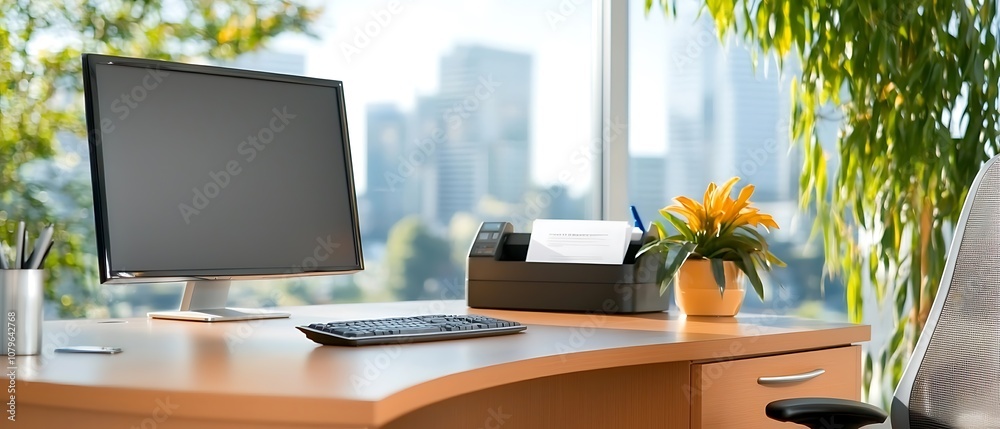 Fototapeta premium Minimalist modern workplace setup with computer monitor keyboard mouse and office supplies on a clean wooden desk in front of large window with cityscape view in the background