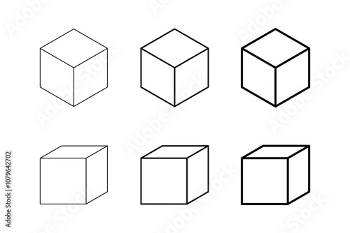 Icon Set of Parallel Projection and Isometric Wireframe Cubes with Various Lineweights from Thin to Thick Lines. Vector Image.