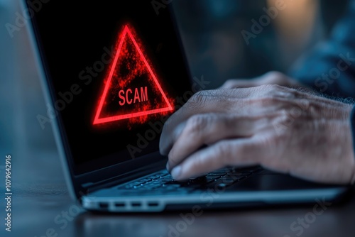 Digital risk alert: text Scam as cautionary message cyber fraud, phishing, internet deception, focusing on growing threats of online crime and need for security awareness, technological protection. photo