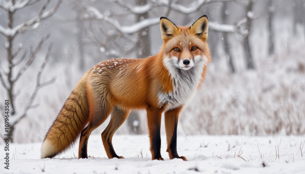 A red fox standing in a snowy landscape, with its fur contrasting against the white snow