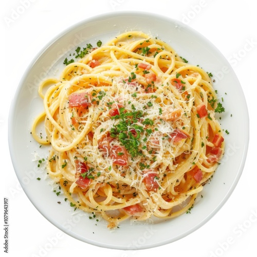 A savory plate of spaghetti carbonara with crispy pancetta and grated Parmesan, isolated white background, hyperrealism art style