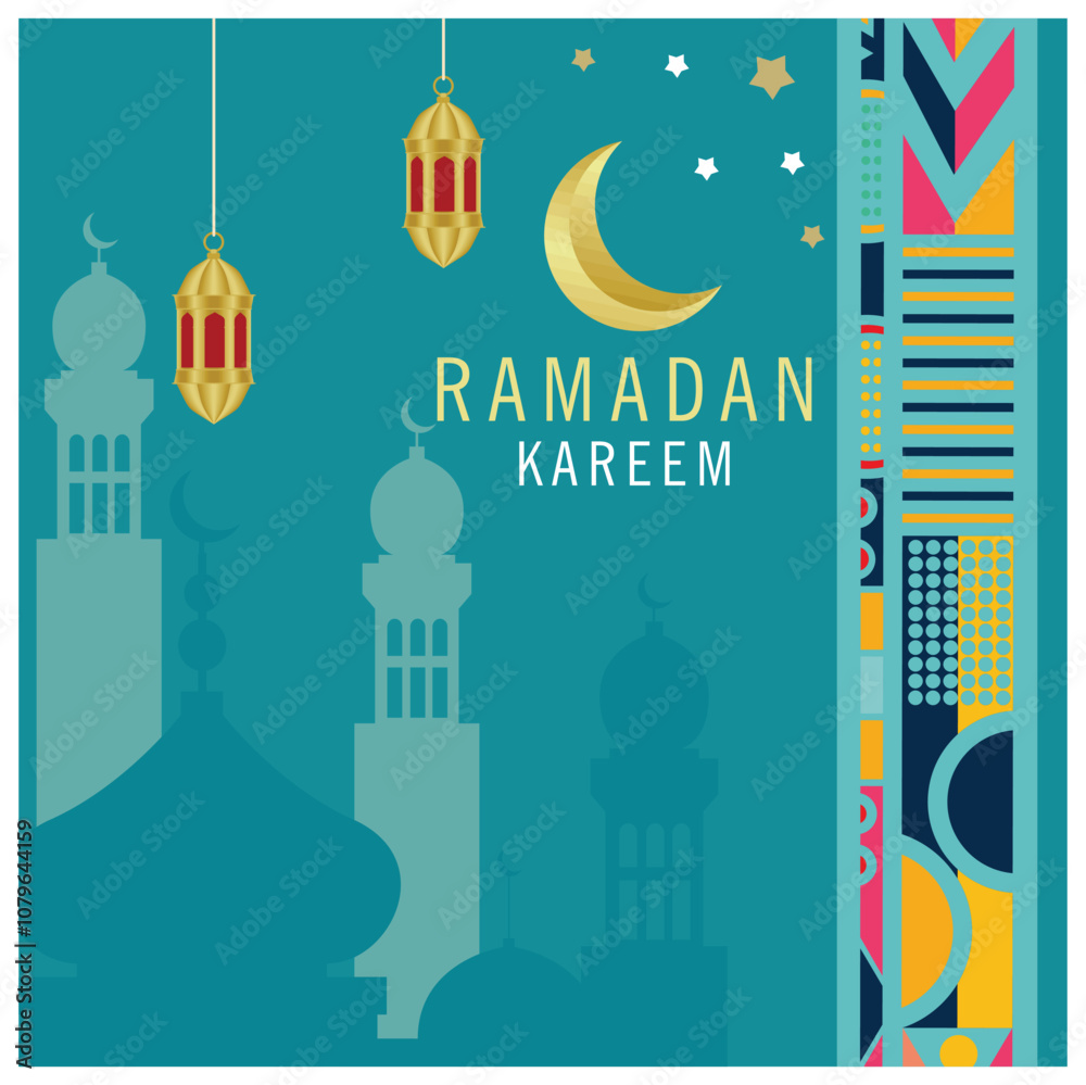 Obraz premium Ramadan Kareem with hanging lanterns and crescent moon. Silhouette of the mosque in the background. Ramadan concept. Flat vector illustration.