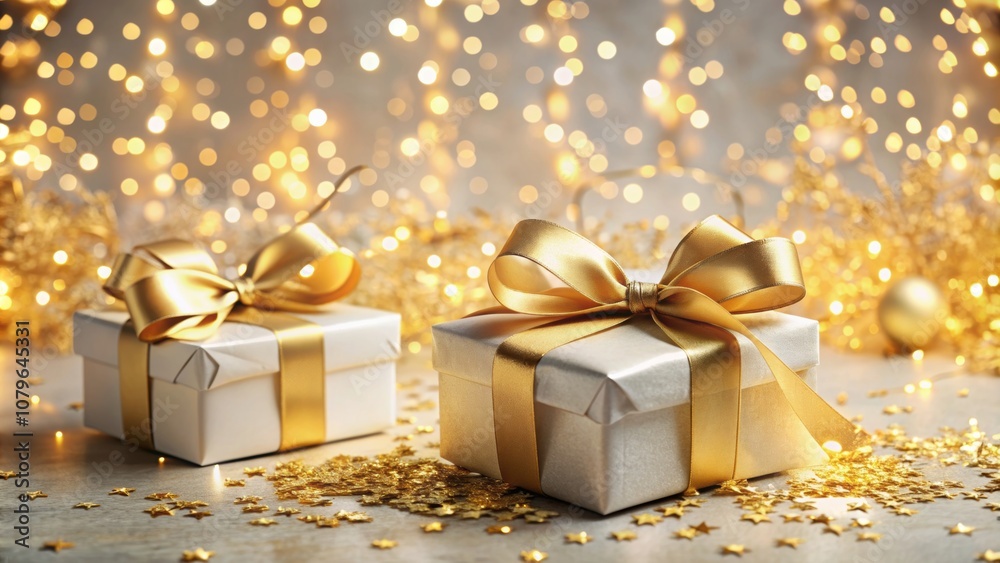 Elegant holiday gift boxes with gold ribbon and confetti on festive soft background, holiday, gift, boxes, gold, ribbon Elegant holiday gift boxes with gold ribbon and confetti on festive soft background, holiday, gift, boxes, gold, ribbon