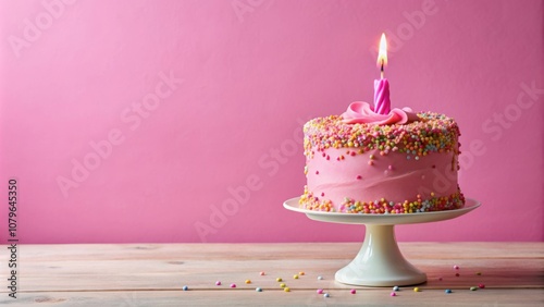 Festive pink birthday cake with lit candle, icing, and sprinkles, celebration, dessert, party, pink, bakery