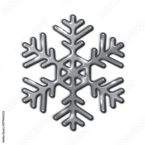 Metallic silver snowflake sparkling realistic vector illustration. Evoking magic and wonder of winter holidays 3d object on white background