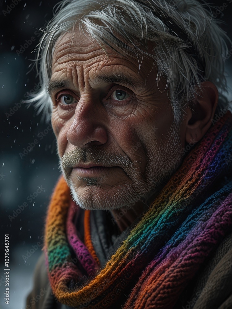 Old Indian Man's Eyes Behind Pastel Neon Wool Scarf in Snowy Old Indian Man's Eyes Behind Pastel Neon Wool Scarf in Snowy