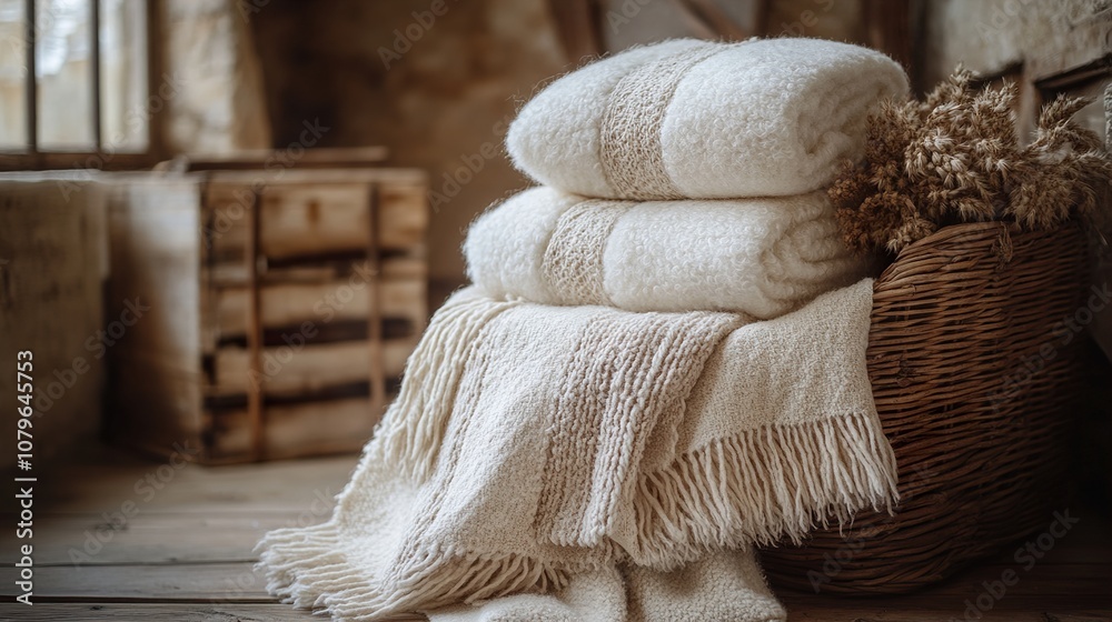 Cozy Rustic Interior with Woven Basket and Stacked Blankets