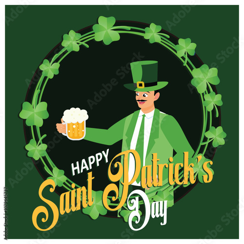 Leprechaun, beer, and shamrock in a circle pattern. Spring celebrations in Ireland. St Patrick's Day background concept. Flat vector illustration.