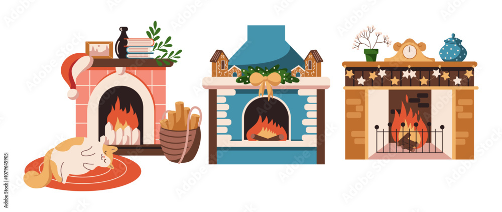 Obraz premium Burning fireplaces with Christmas decorations flat color vector objects set. Cute cat on rug enjoys home warmth illustrations bundle on white