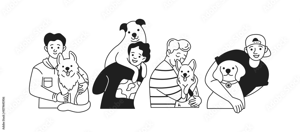 Naklejka premium Cheerful young men with funny dogs flat linear icons collection. Concept of strong friendship of human and animals characters set on white