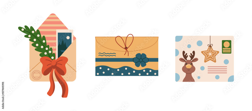 Fototapeta premium Festive Christmas envelopes with decorative elements flat color vector objects set. Holiday greeting items illustrations bundle on white