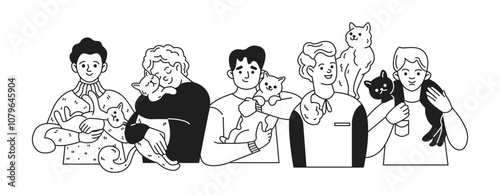 Group of happy men with adorable black and white cats linear icons collection. Guys reflecting tenderness for feline companions characters set on white