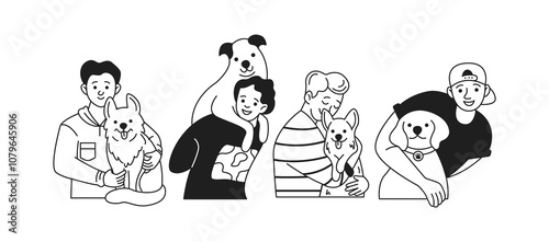Cheerful young men with funny dogs flat linear icons collection. Concept of strong friendship of human and animals characters set on white