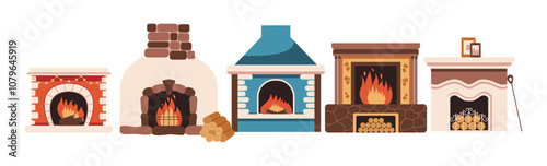 Cozy fireplaces with burning flame flat color vector objects set. Vintage stoves of different design for houses illustrations bundle on white