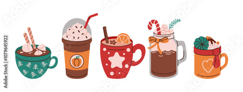 Hot drinks for New Year holidays flat color vector objects set. Seasonal beverages for Christmas illustrations bundle on white background