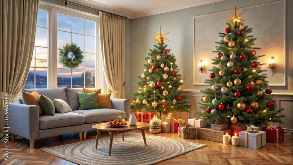 Decorated Christmas tree in cozy living room , holiday, festive, ornaments, decorations, cozy, home, winter, celebration Decorated Christmas tree in cozy living room , holiday, festive, ornaments, decorations, cozy, home, winter, celebration