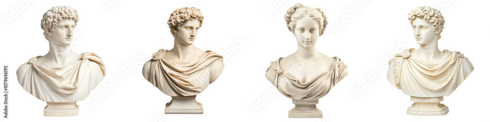 Collection of four exquisite marble busts featuring the sculpted heads of prominent figures from ancient Roman and Greek civilizations Collection of four exquisite marble busts featuring the sculpted heads of prominent figures from ancient Roman and Greek civilizations
