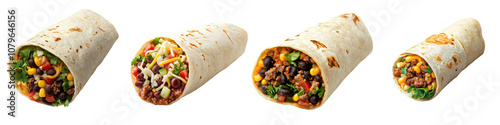 Assorted Appetizing Burritos with Various Fillings and Toppings   Delicious Mexican Cuisine Wrapped in Soft Tortillas with Flavorful Ingredients Like Meat Vegetables Rice Beans Salsa and More photo