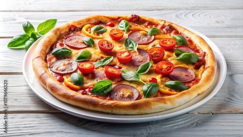 Delicious pizza served on a white plate, food, Italian, cheese, tomato, meal, dinner, restaurant, lunch, slice, tasty