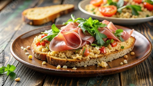 Fresh quinoa salad with slices of serrano ham on toast, quinoa, salad, fresh, healthy, ingredients, ham, serrano, slices