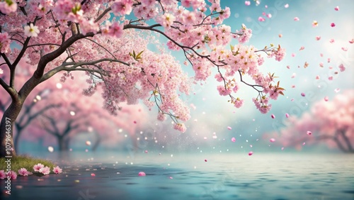 Elegant sakura tree in full bloom, cherry blossom petals floating in the air, sakura, cherry blossom, tree, pink, petals, spring